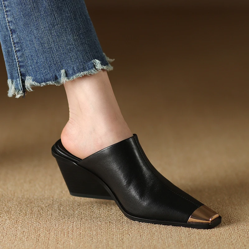 Genuine Leather Women Covered Metal Head Heels Slippers - Uniqwear