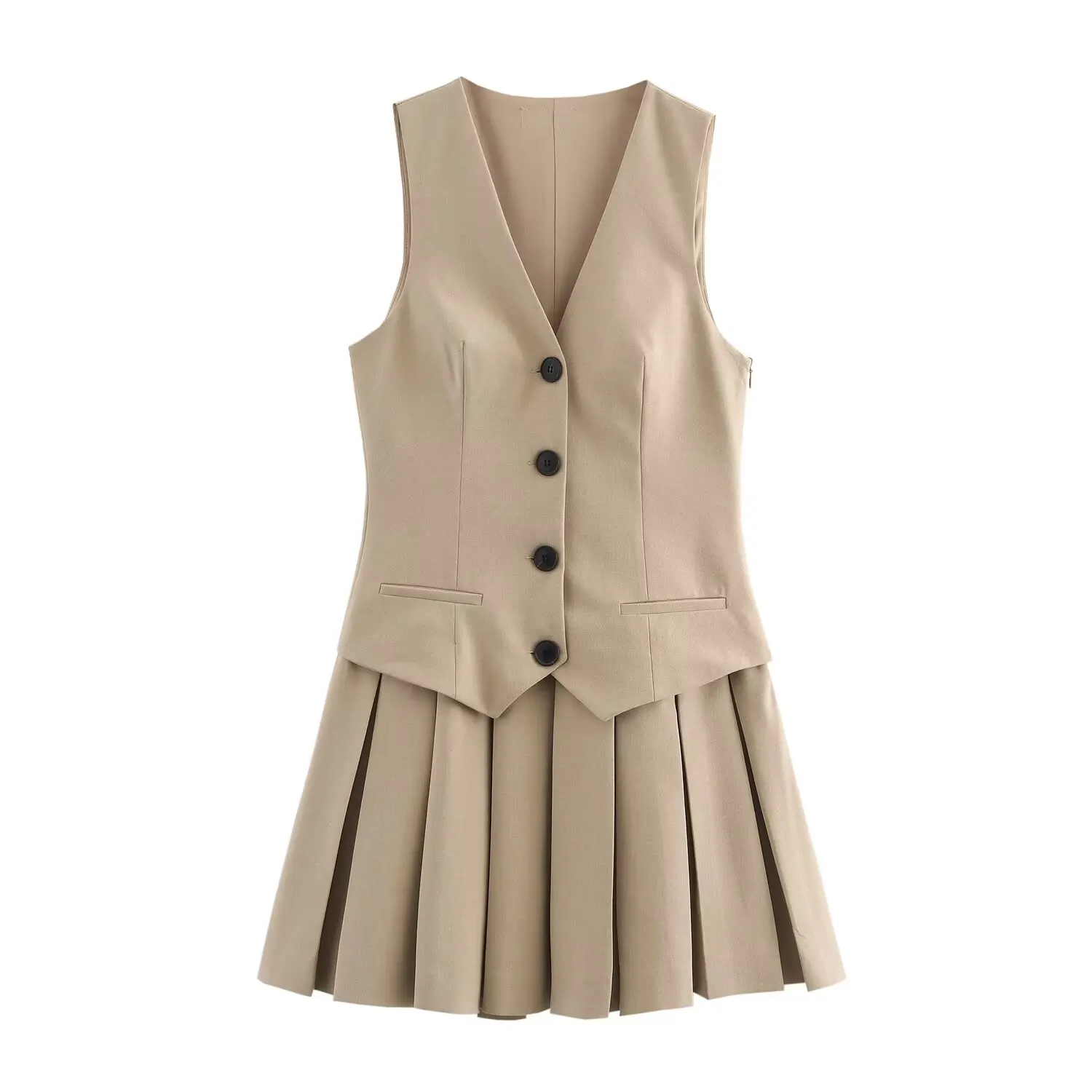 Women Fashion Stripe V-Neck Sleeveless Vest Pleated Skirt - Uniqwear