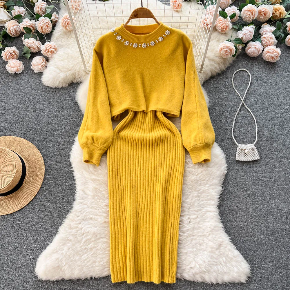 Women Knitted Sets Fashion Pearl Sweater+Knitted Dress - Uniqwear