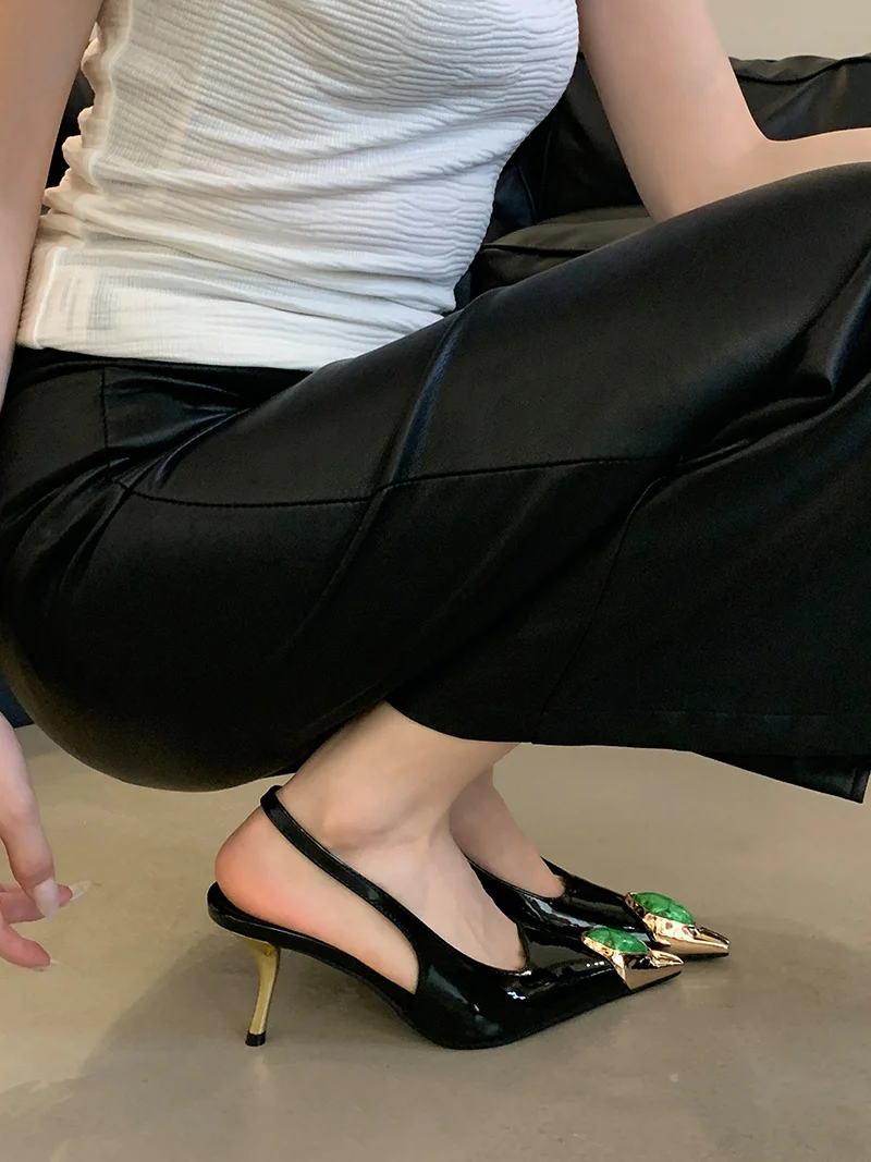 Fashion Inlay Gems Pointed Toe Leather Slingback Sandals - Uniqwear