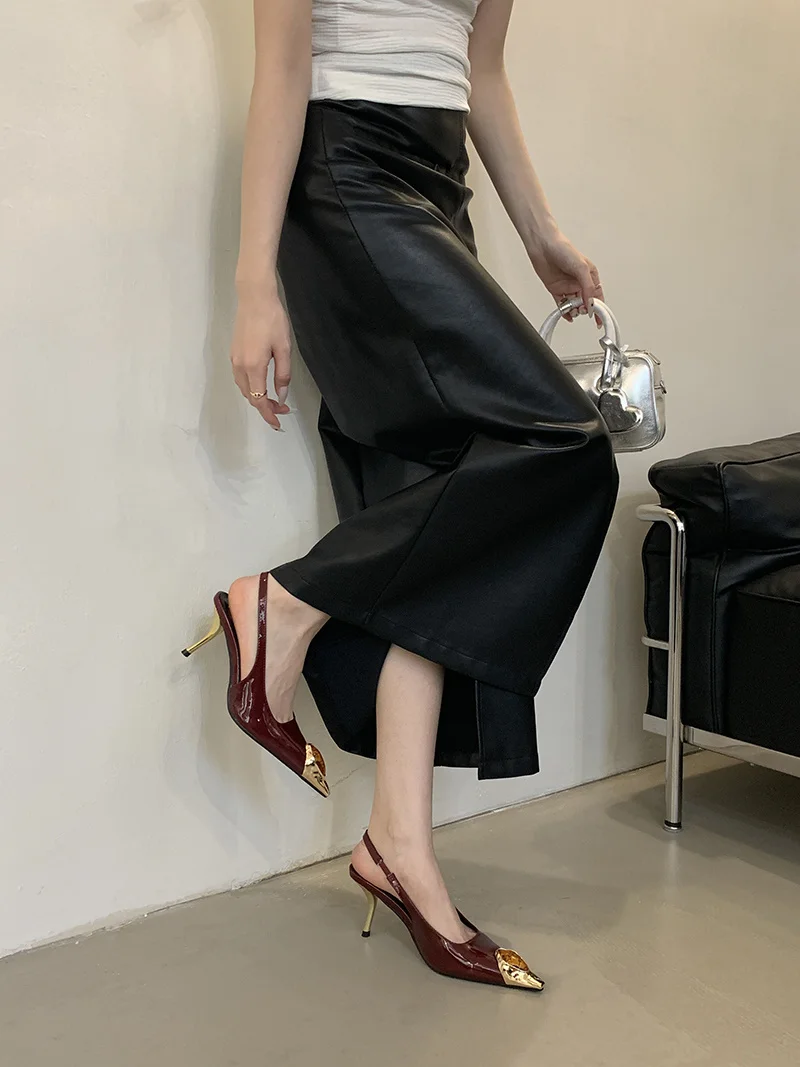 Fashion Inlay Gems Pointed Toe Leather Slingback Sandals - Uniqwear