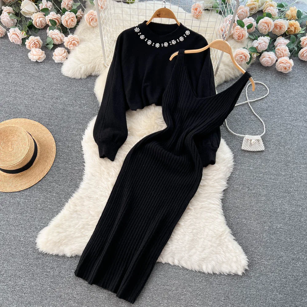 Women Knitted Sets Fashion Pearl Sweater+Knitted Dress - Uniqwear