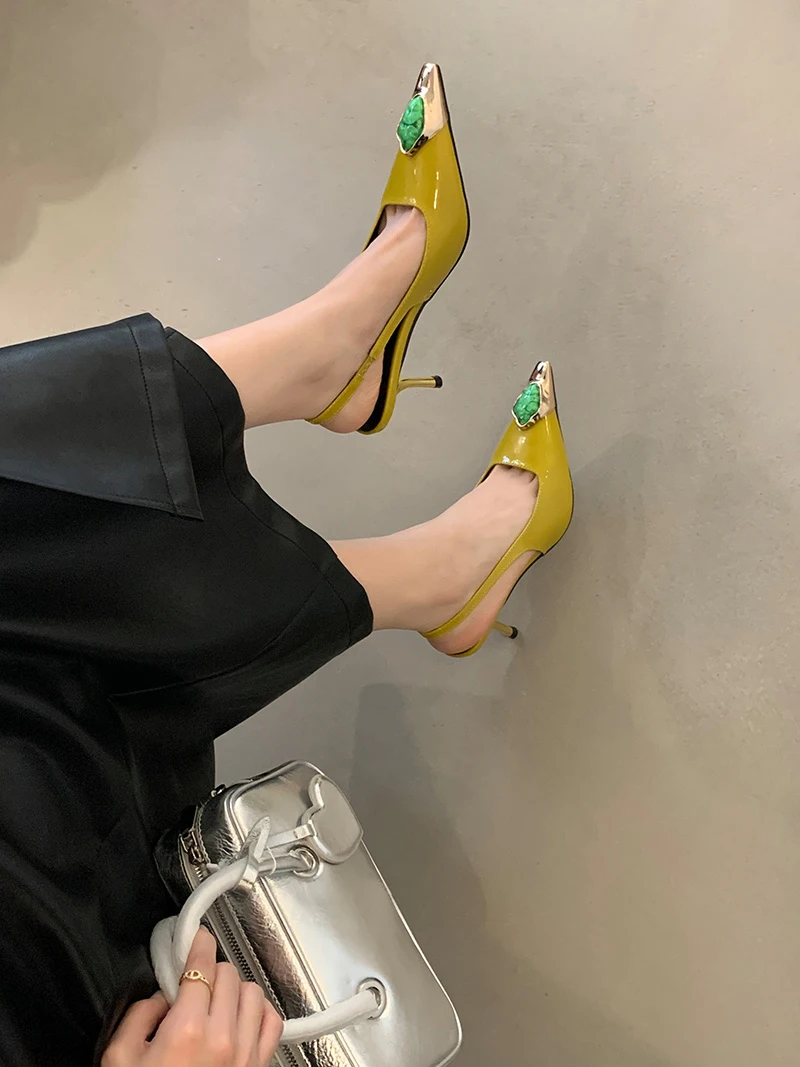 Fashion Inlay Gems Pointed Toe Leather Slingback Sandals - Uniqwear