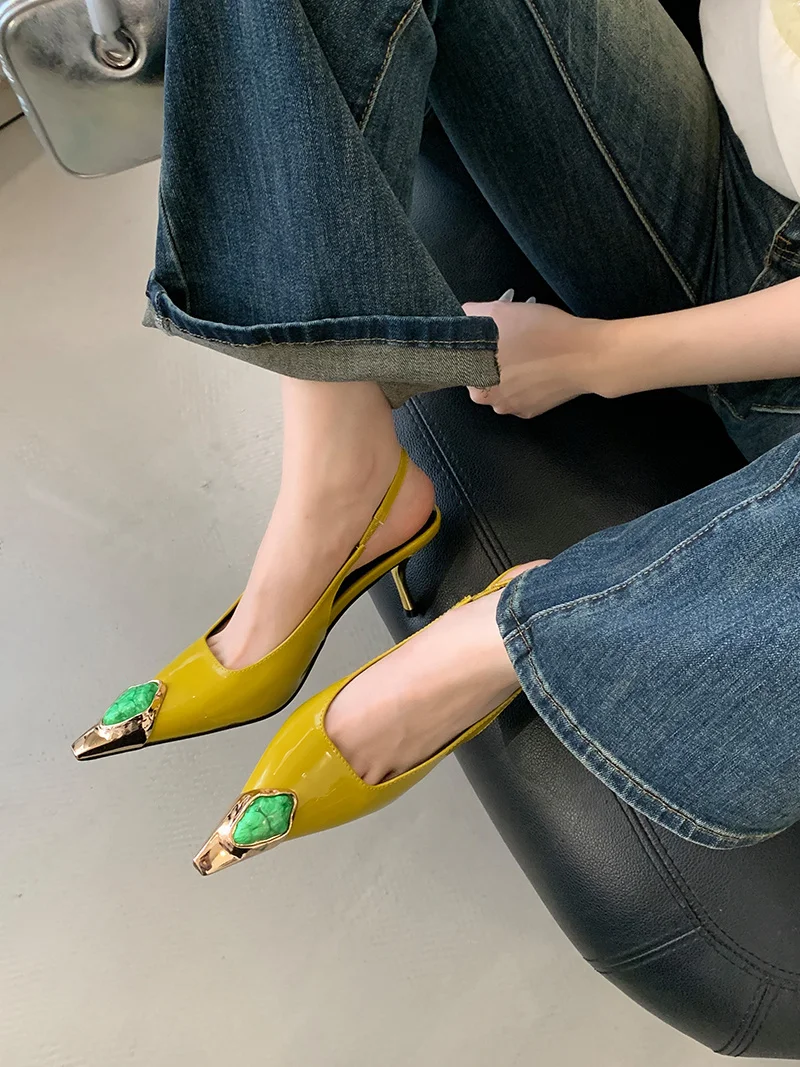 Fashion Inlay Gems Pointed Toe Leather Slingback Sandals - Uniqwear
