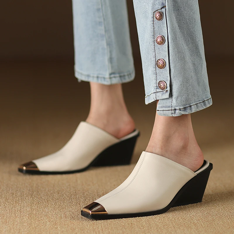 Genuine Leather Women Covered Metal Head Heels Slippers - Uniqwear