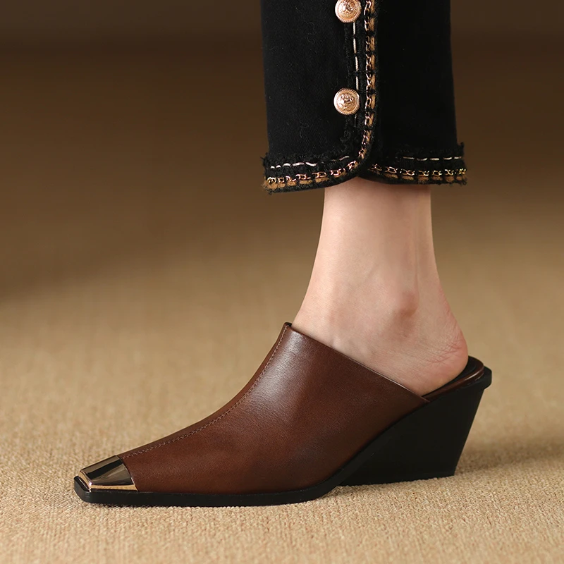 Genuine Leather Women Covered Metal Head Heels Slippers - Uniqwear