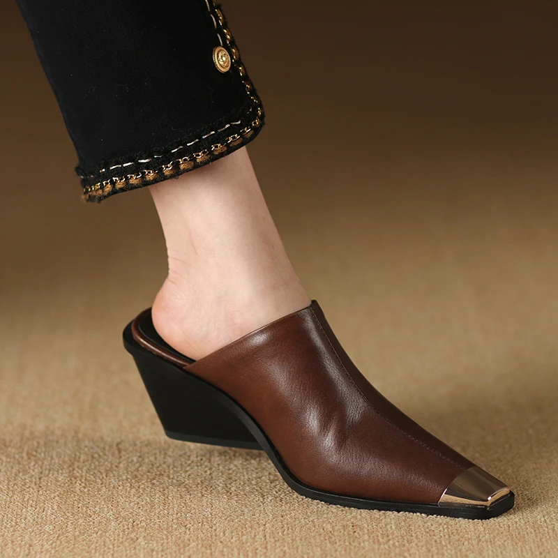 Genuine Leather Women Covered Metal Head Heels Slippers - Uniqwear