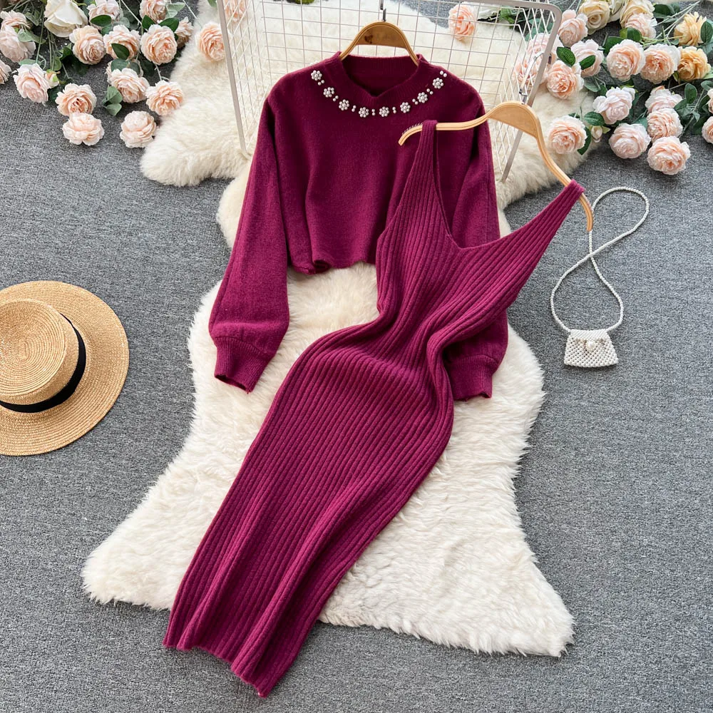 Women Knitted Sets Fashion Pearl Sweater+Knitted Dress - Uniqwear