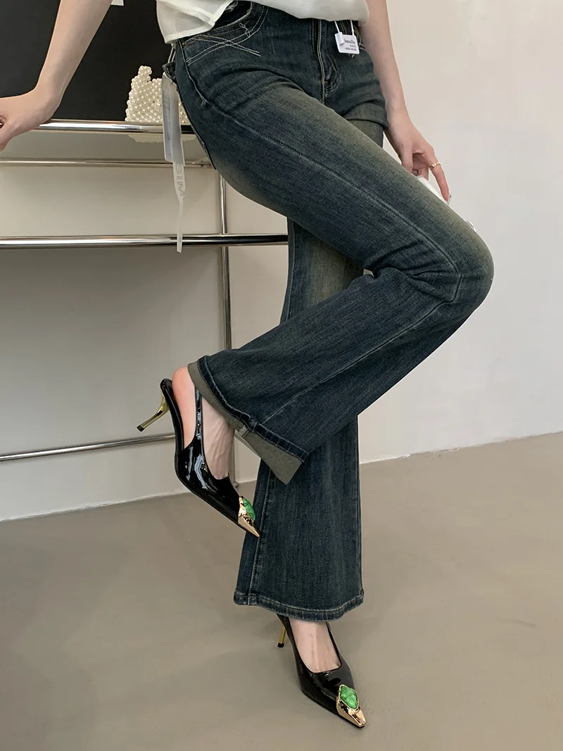 Fashion Inlay Gems Pointed Toe Leather Slingback Sandals - Uniqwear