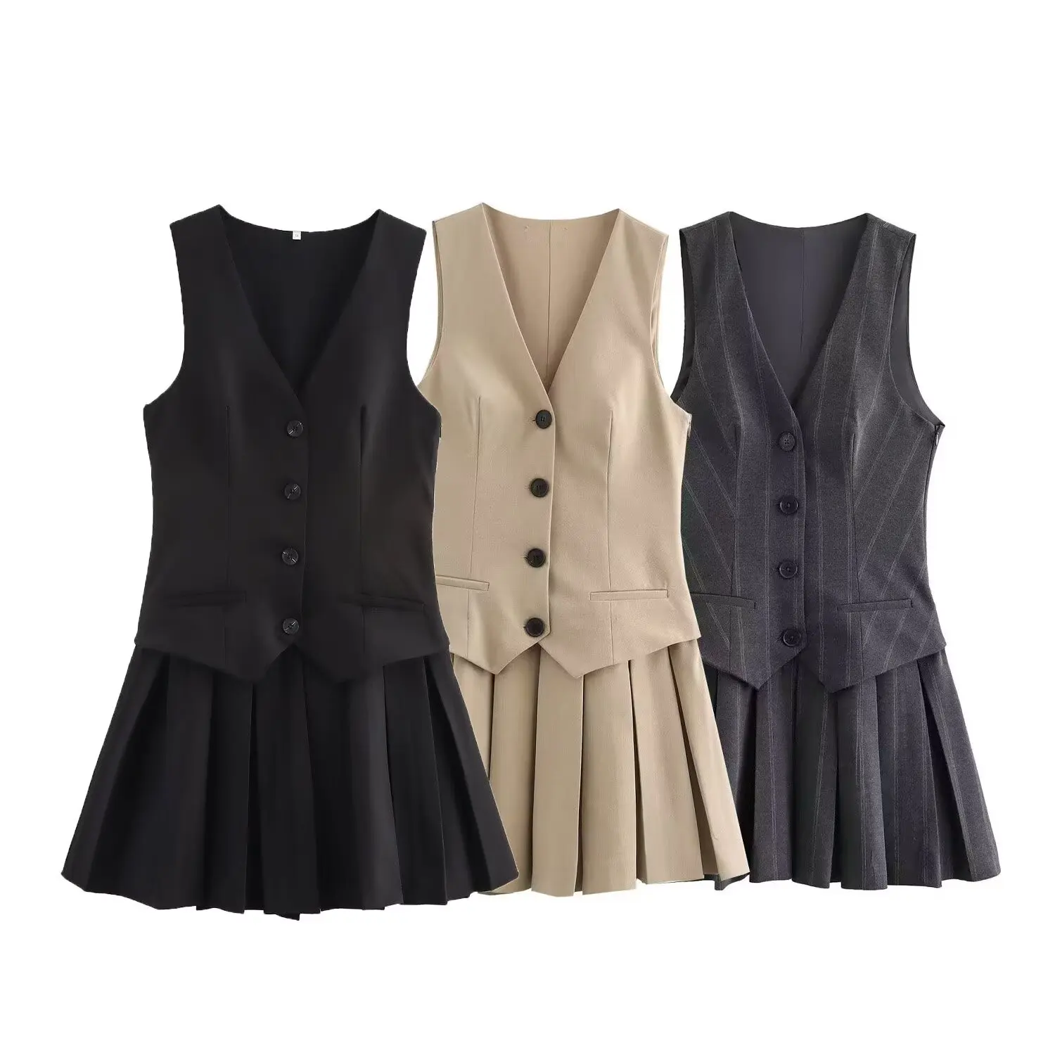 Women Fashion Stripe V-Neck Sleeveless Vest Pleated Skirt - Uniqwear