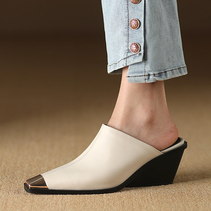 Genuine Leather Women Covered Metal Head Heels Slippers - Uniqwear