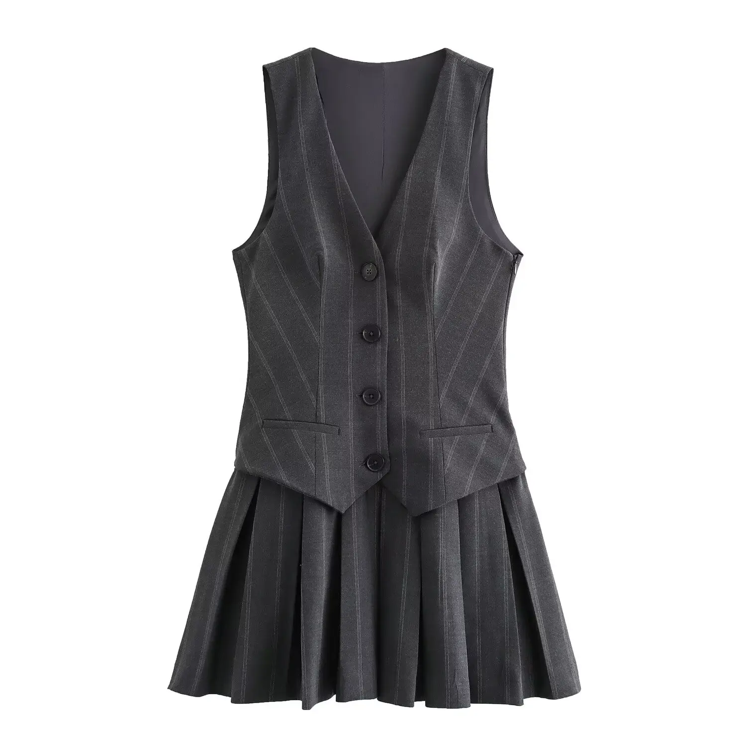Women Fashion Stripe V-Neck Sleeveless Vest Pleated Skirt - Uniqwear