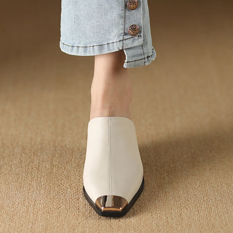 Genuine Leather Women Covered Metal Head Heels Slippers - Uniqwear
