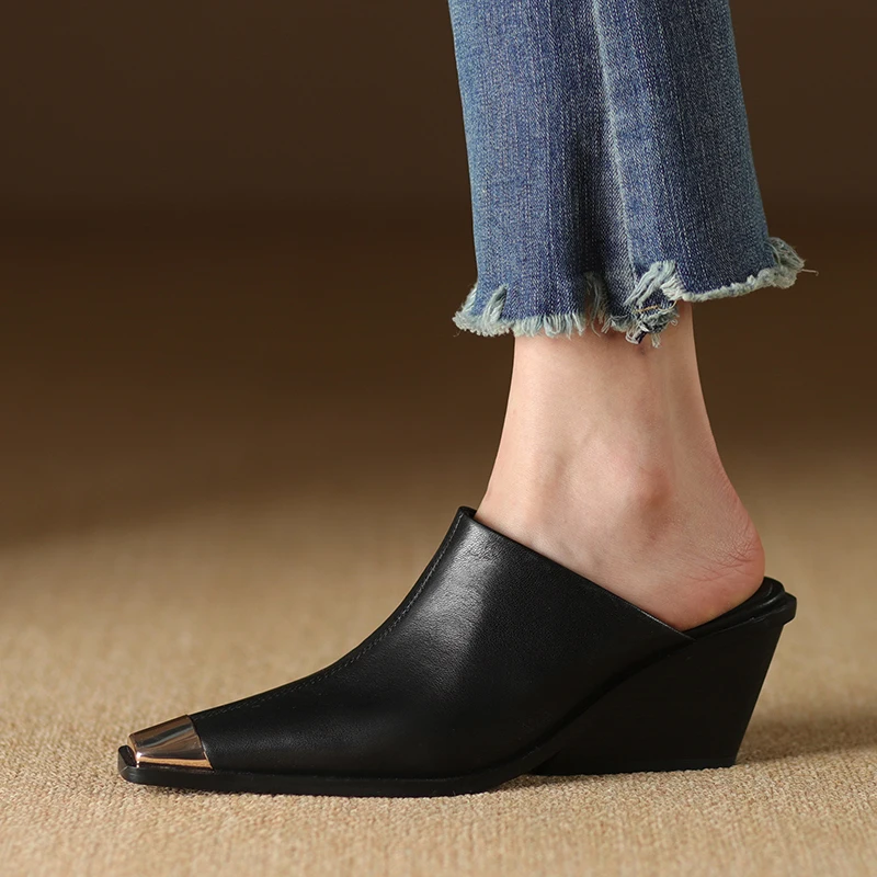 Genuine Leather Women Covered Metal Head Heels Slippers - Uniqwear