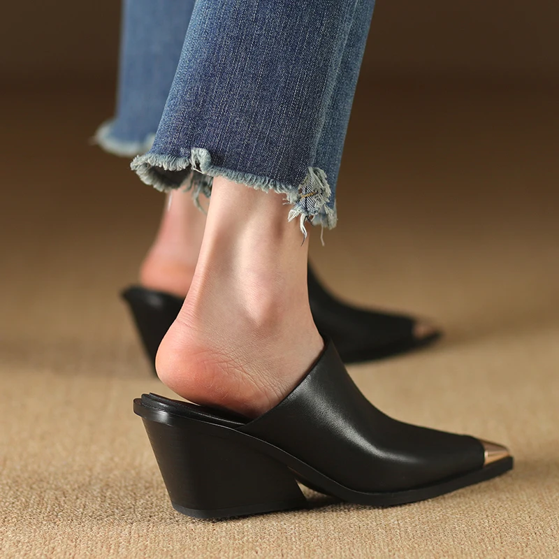 Genuine Leather Women Covered Metal Head Heels Slippers - Uniqwear