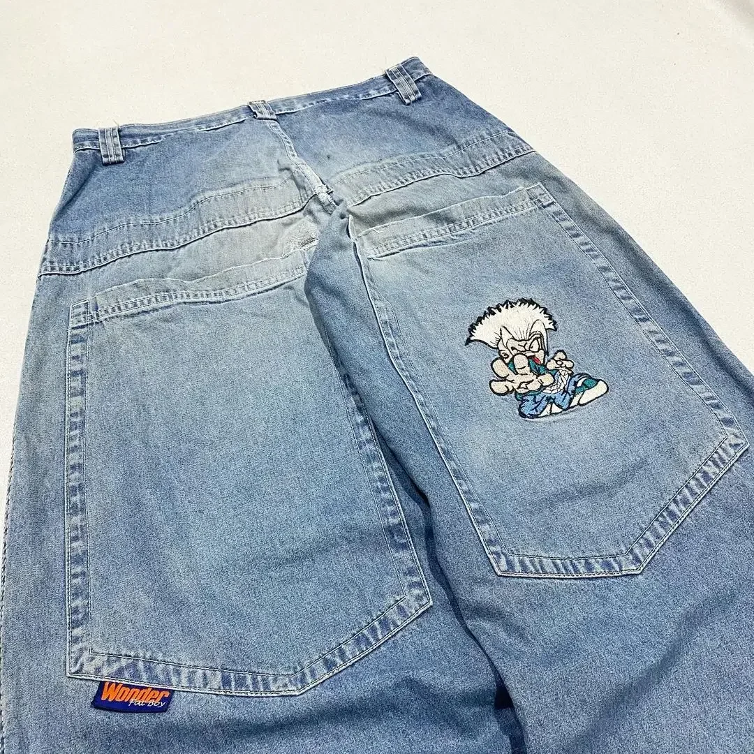 Cartoon Characters Embroidered Washed Baggy Jeans - Uniqwear