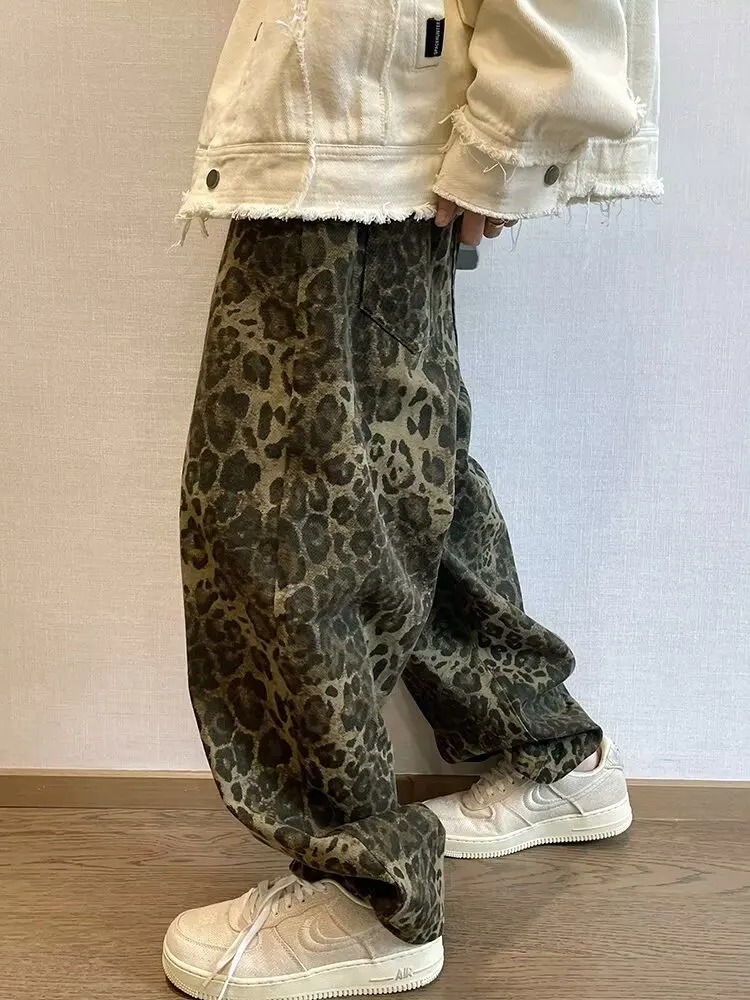 Autumn Tan Leopard Jeans Men Denim Pants Animal Print - Uniqwear
