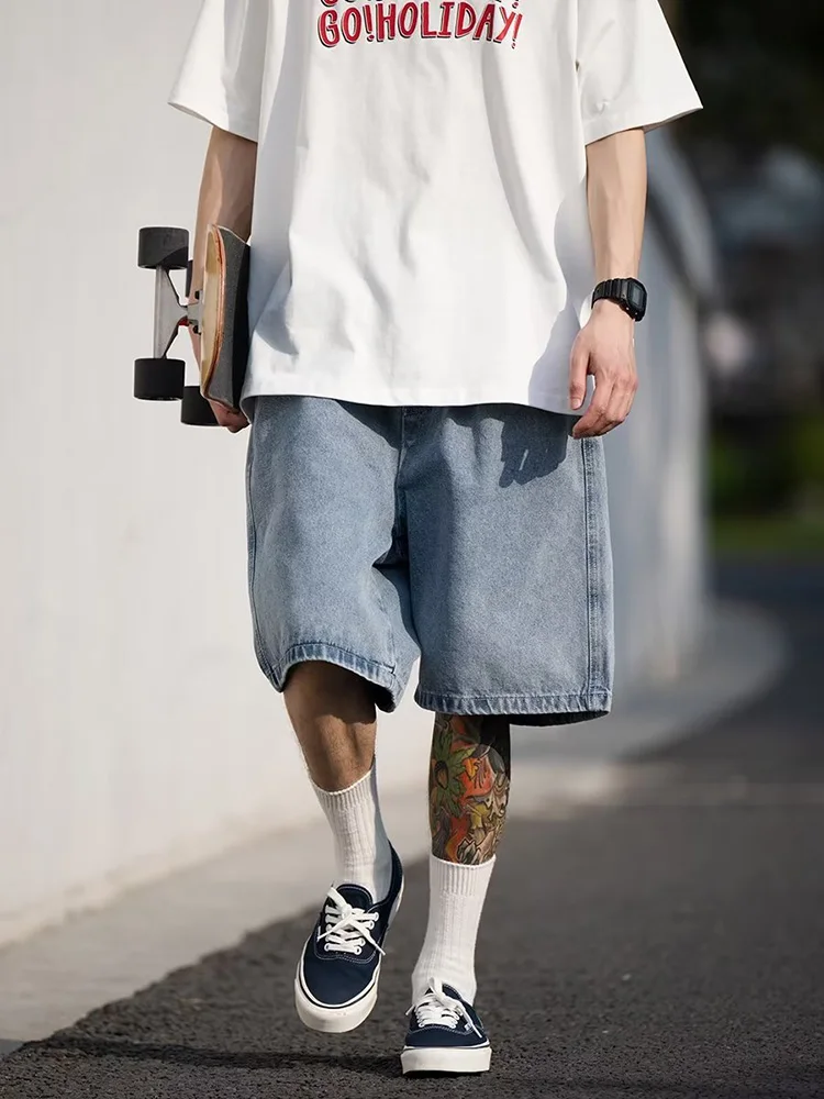 Men's Shorts Jeans Blue Denim Baggy Pants Streetwear - Uniqwear