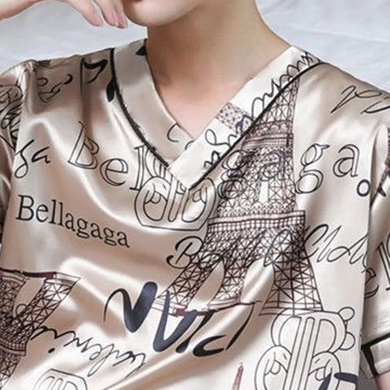 Pajamas Men Ice Silk Thin Short-Sleeved Two-Piece Set - Uniqwear
