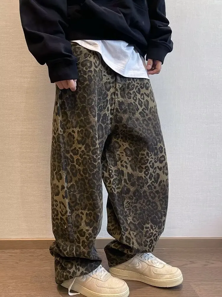 Autumn Tan Leopard Jeans Men Denim Pants Animal Print - Uniqwear