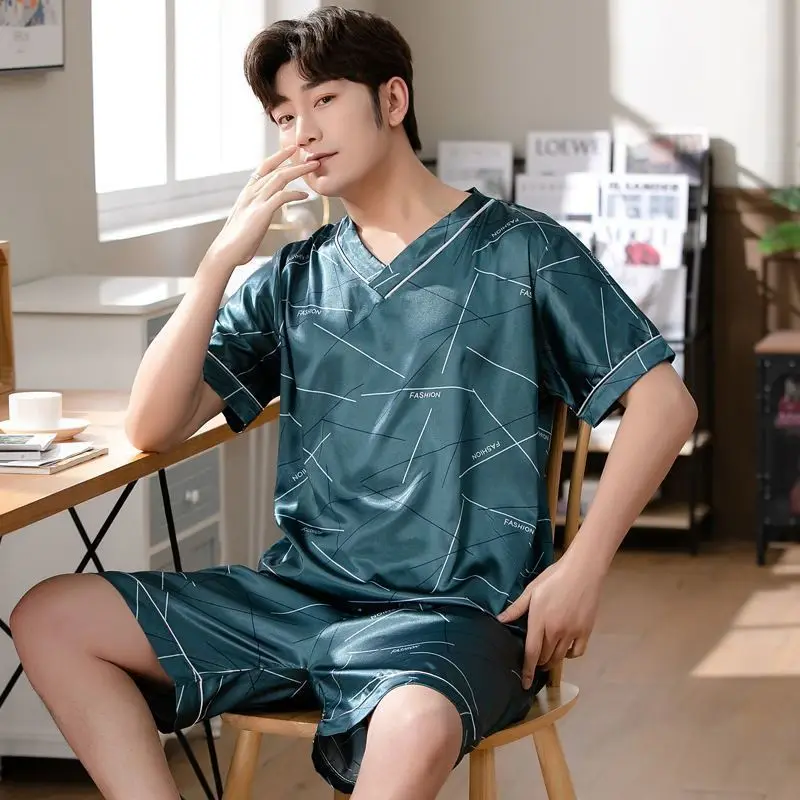 Pajamas Men Ice Silk Thin Short-Sleeved Two-Piece Set - Uniqwear
