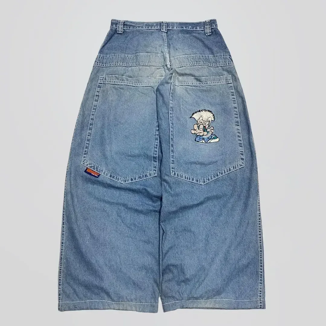 Cartoon Characters Embroidered Washed Baggy Jeans - Uniqwear