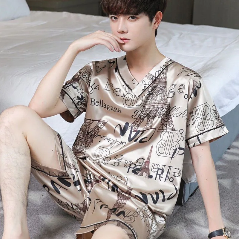 Pajamas Men Ice Silk Thin Short-Sleeved Two-Piece Set - Uniqwear