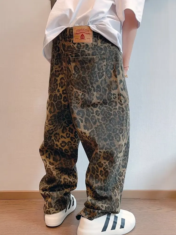 Autumn Tan Leopard Jeans Men Denim Pants Animal Print - Uniqwear