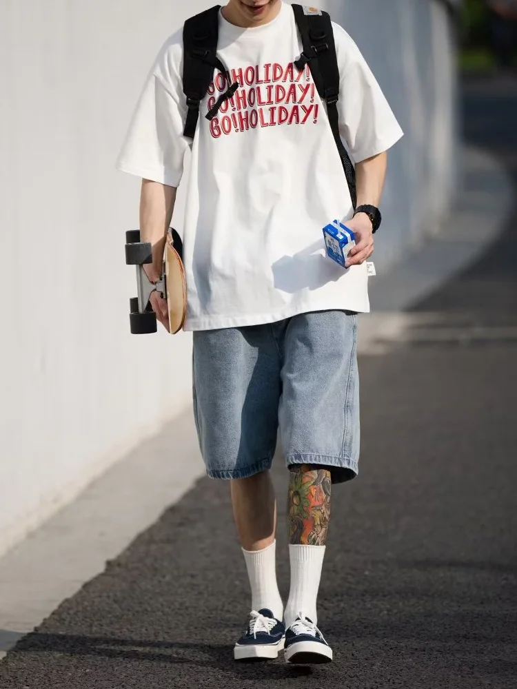 Men's Shorts Jeans Blue Denim Baggy Pants Streetwear - Uniqwear