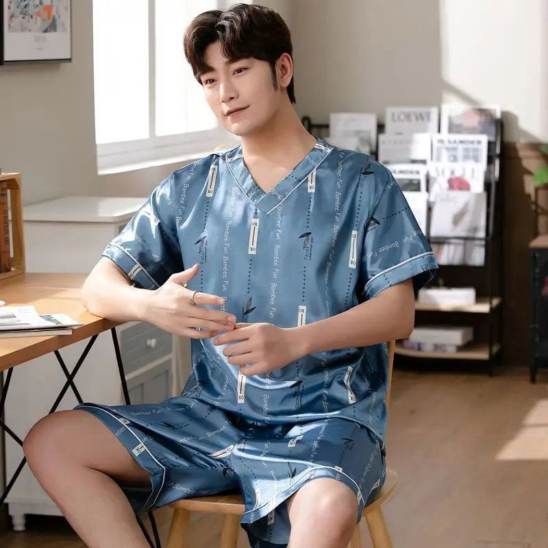 Pajamas Men Ice Silk Thin Short-Sleeved Two-Piece Set - Uniqwear