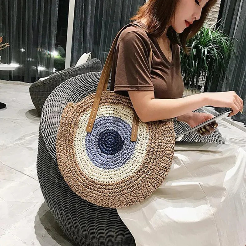 Large Capacity Round Women Straw Bag Summer Bags - Uniqwear