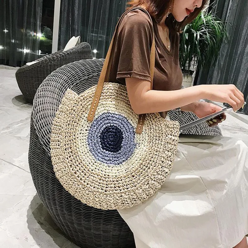 Large Capacity Round Women Straw Bag Summer Bags - Uniqwear