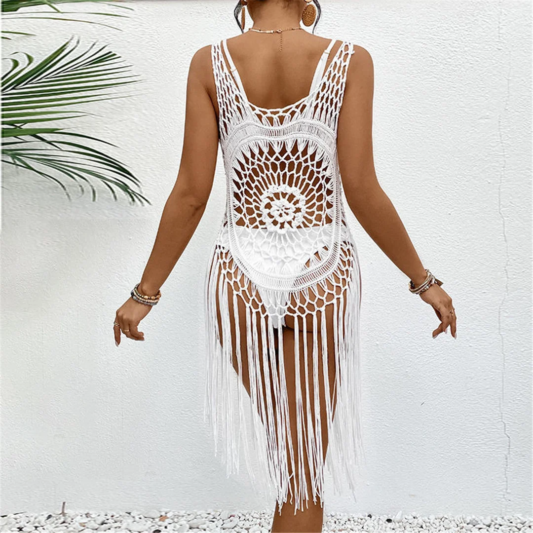 Sexy Fringe Tassel Hollow Out Crochet Knitted Cover Up - Uniqwear