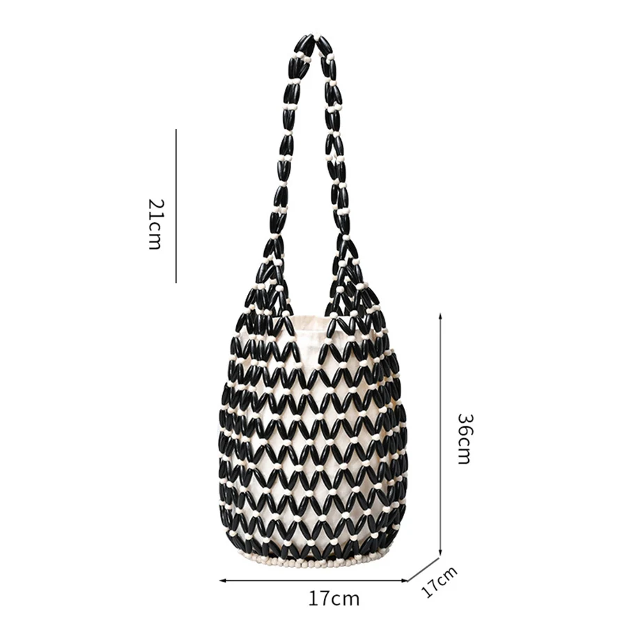 Women Woven hand bag hollow-out wooden bead tote bucket - Uniqwear