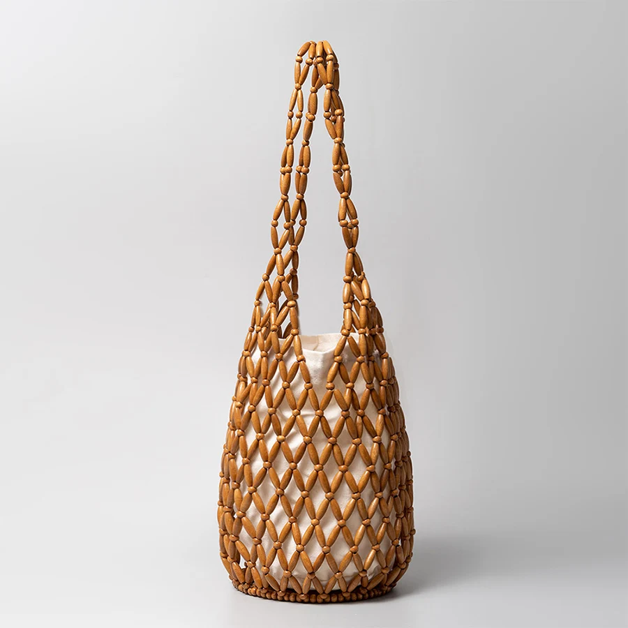 Women Woven hand bag hollow-out wooden bead tote bucket - Uniqwear