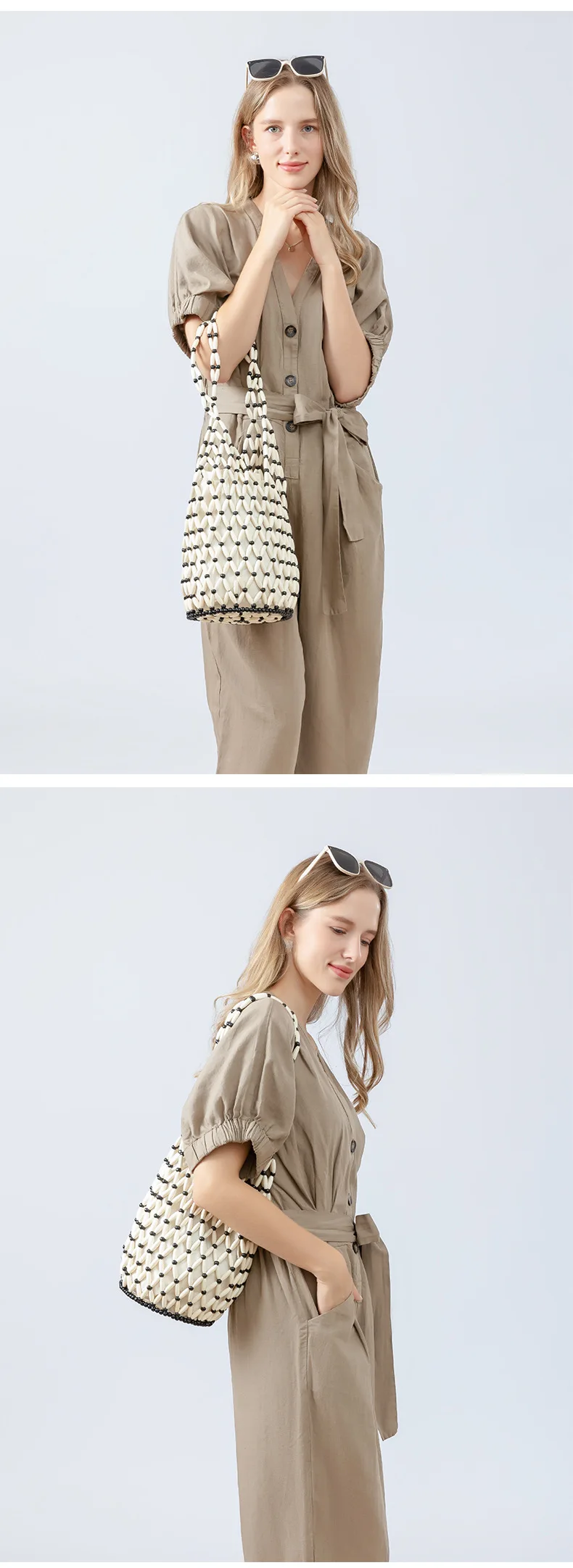 Women Woven hand bag hollow-out wooden bead tote bucket - Uniqwear