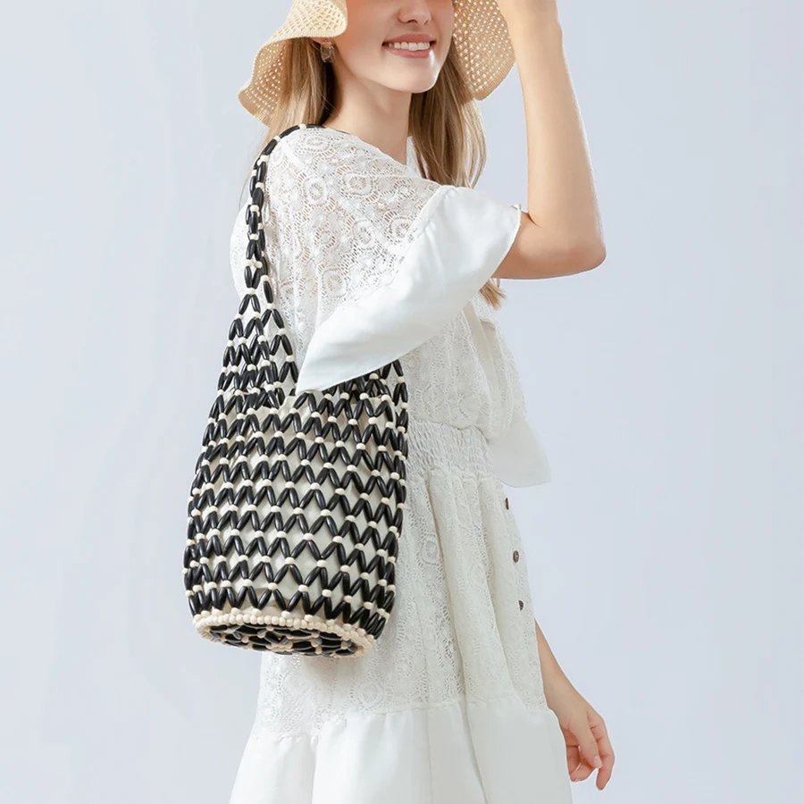 Women Woven hand bag hollow-out wooden bead tote bucket - Uniqwear