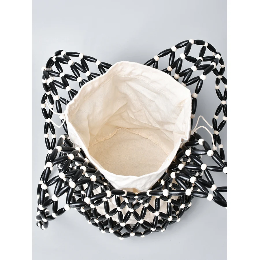 Women Woven hand bag hollow-out wooden bead tote bucket - Uniqwear