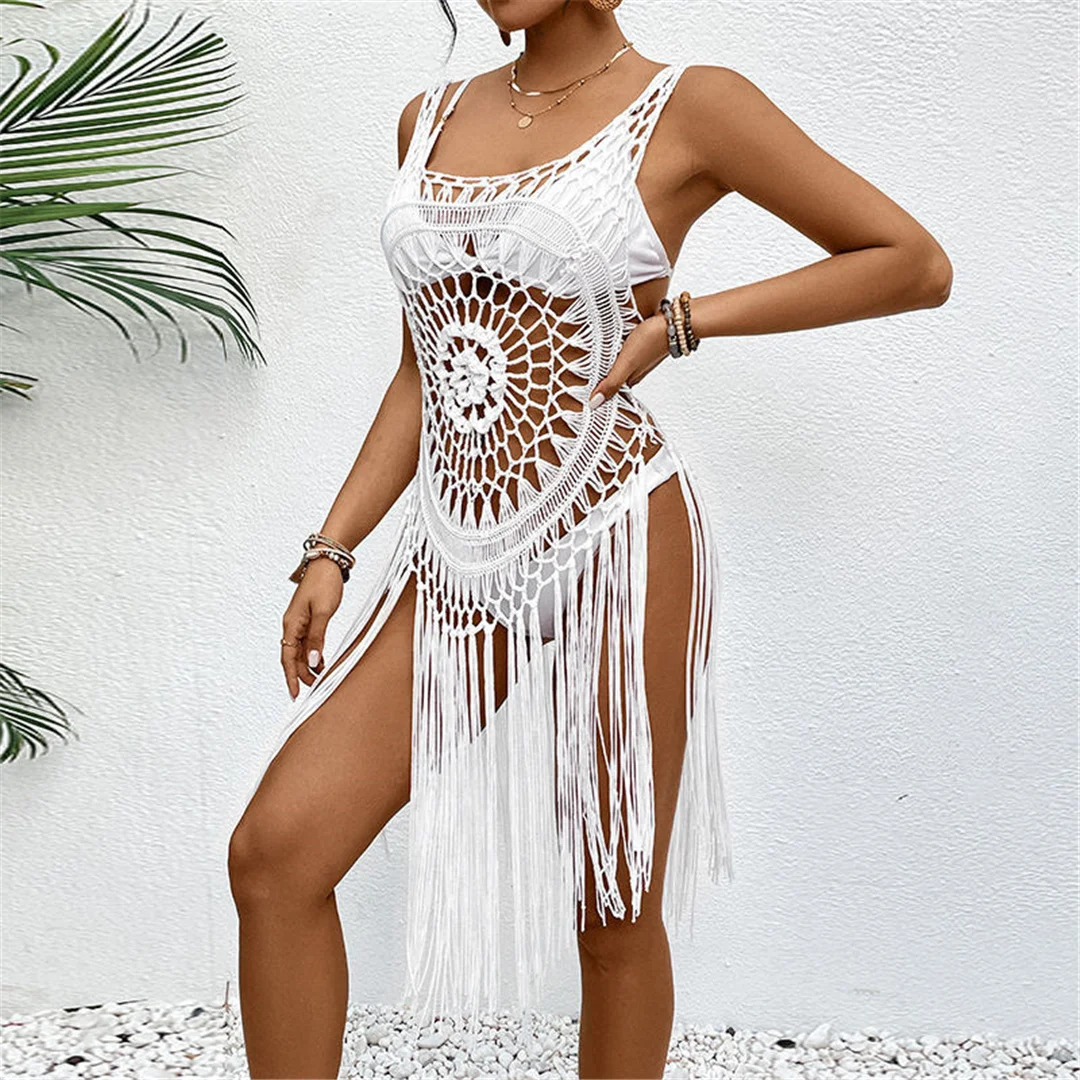 Sexy Fringe Tassel Hollow Out Crochet Knitted Cover Up - Uniqwear