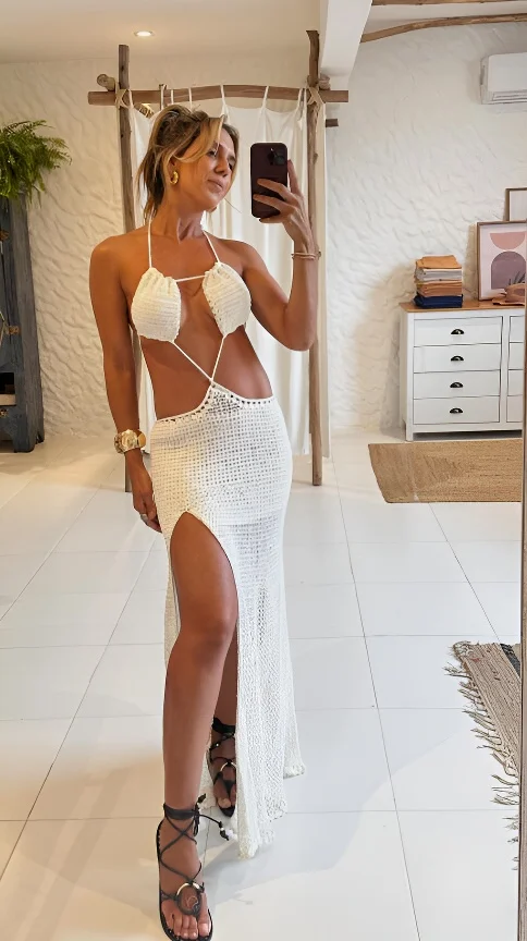Women Summer New White Knit Beach Maxi Dress - Uniqwear