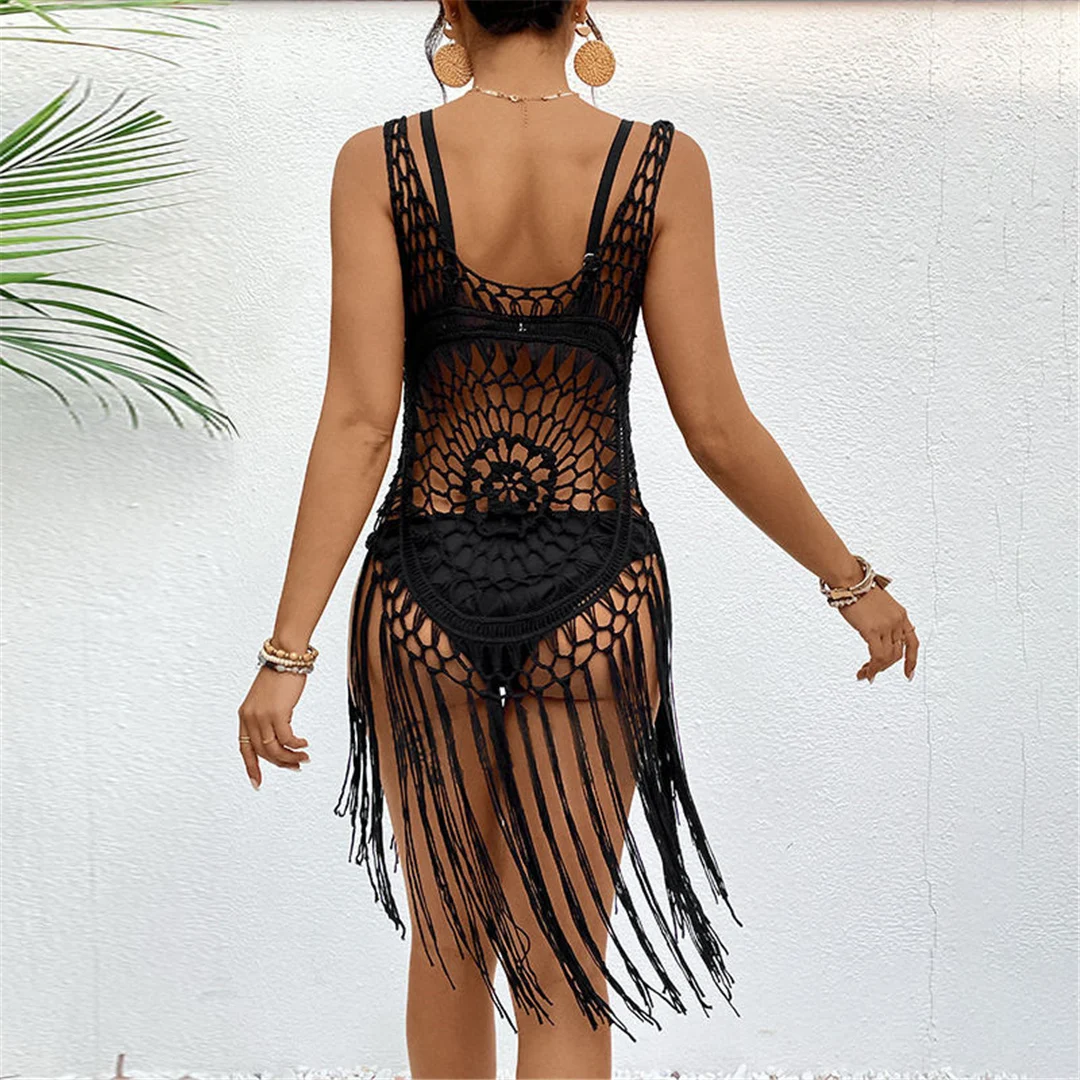 Sexy Fringe Tassel Hollow Out Crochet Knitted Cover Up - Uniqwear
