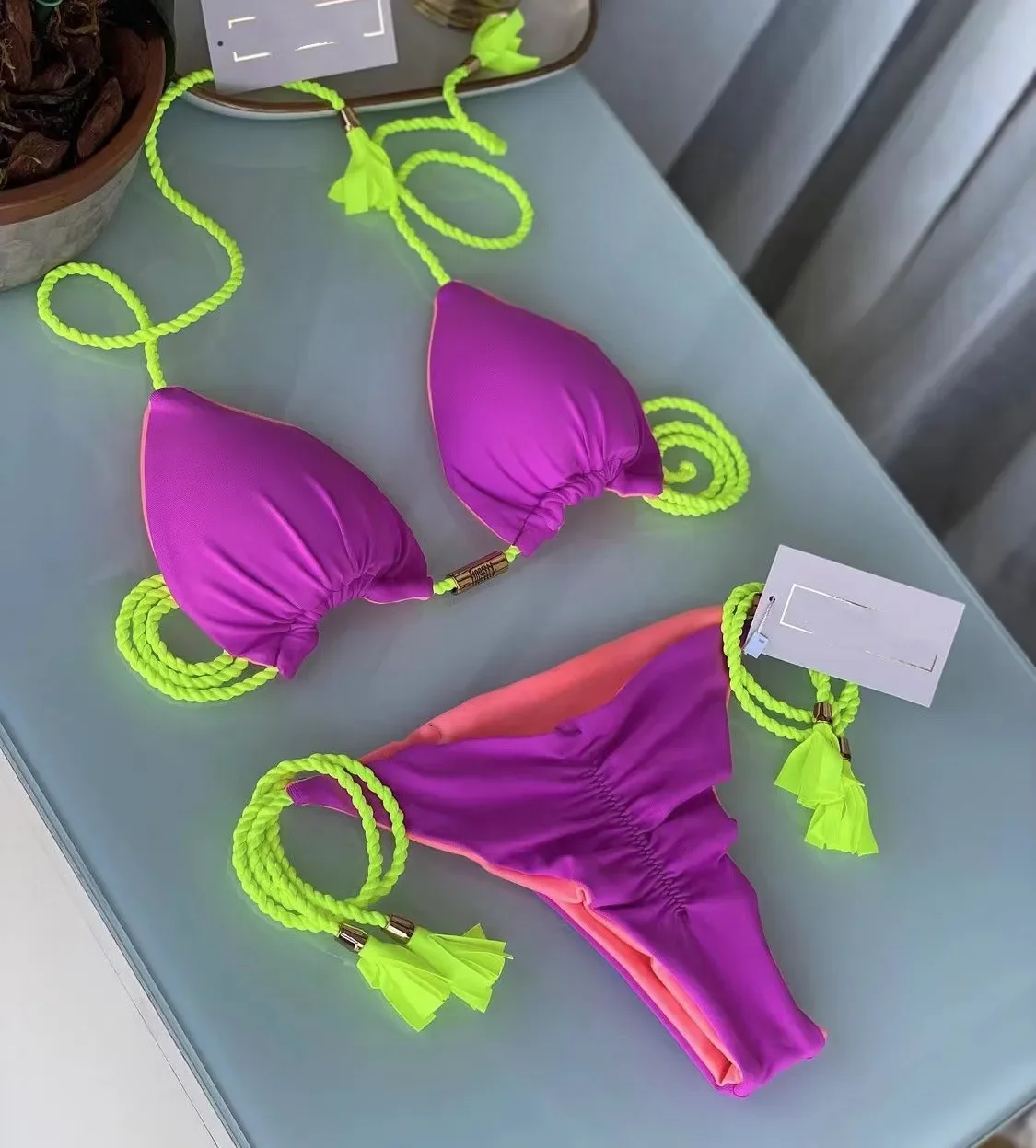 New Women Bikini Backless Rope Triangle Swimsuit Multicolor - Uniqwear